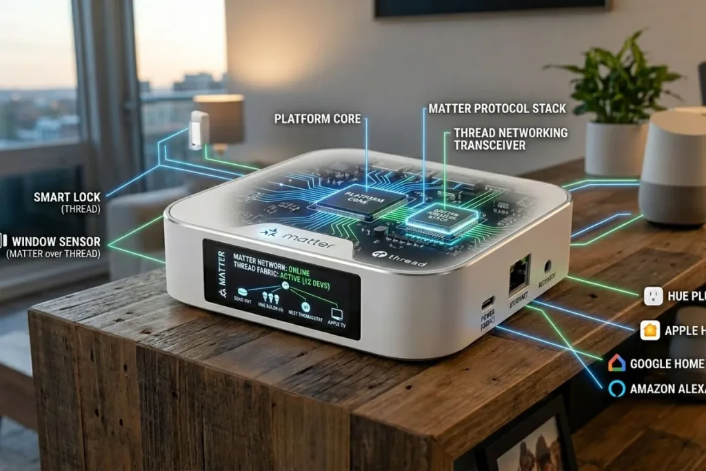 Matter-compatible smart home hub integrating Thread Wi-Fi Bluetooth and Zigbee