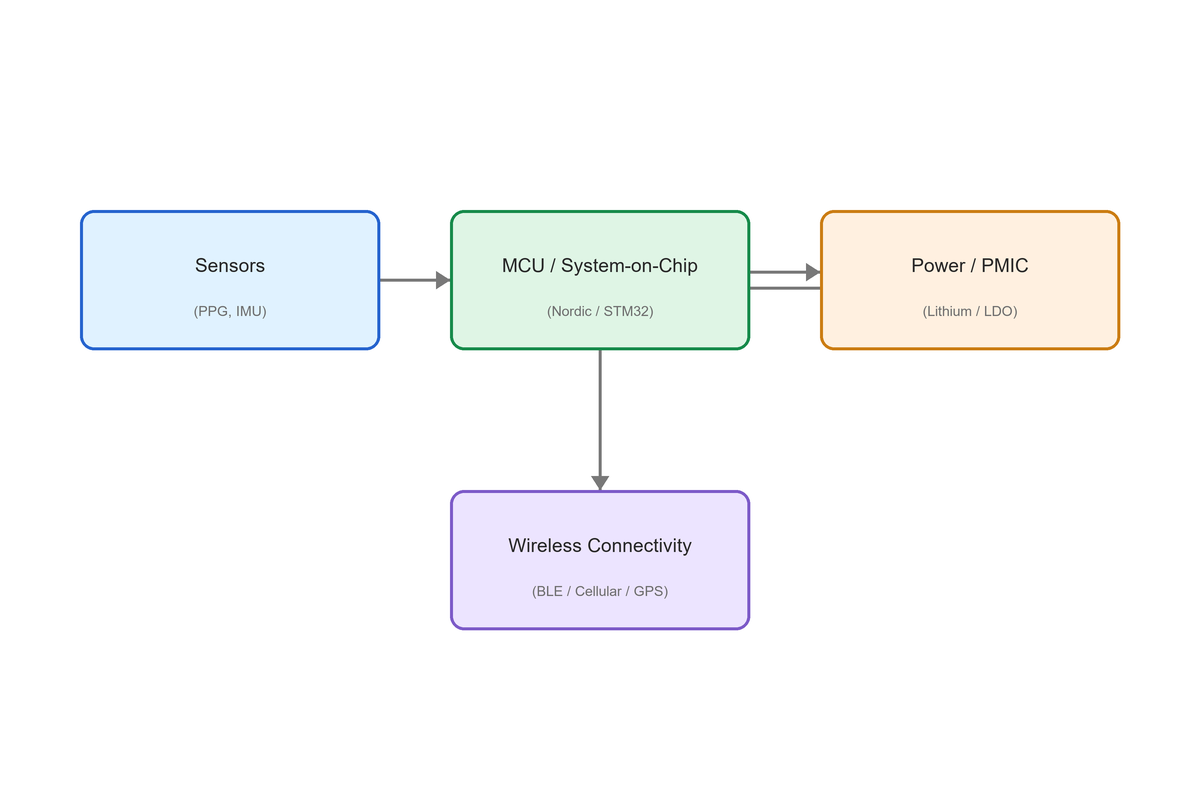 Wearable electronics architecture flow showing essential technologies used in modern wearable devices