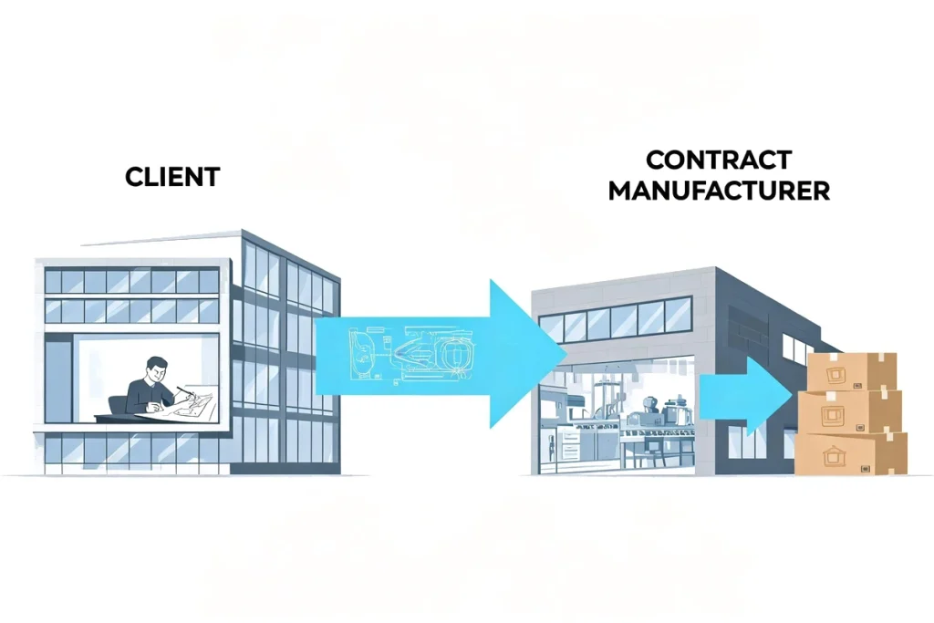 Contract manufacturing concept showing third-party factory production