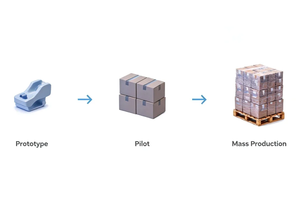 MOQ comparison across prototype, pilot production, and mass production stages